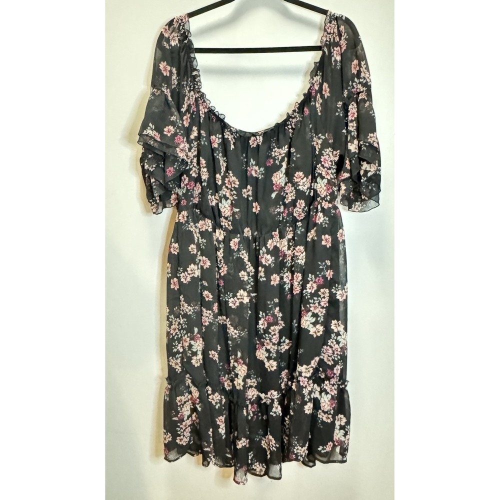 Torrid Dress Black Floral Off Shoulder SZ3 Ruffle Sleeves Chiffon Sheer Peasant‎